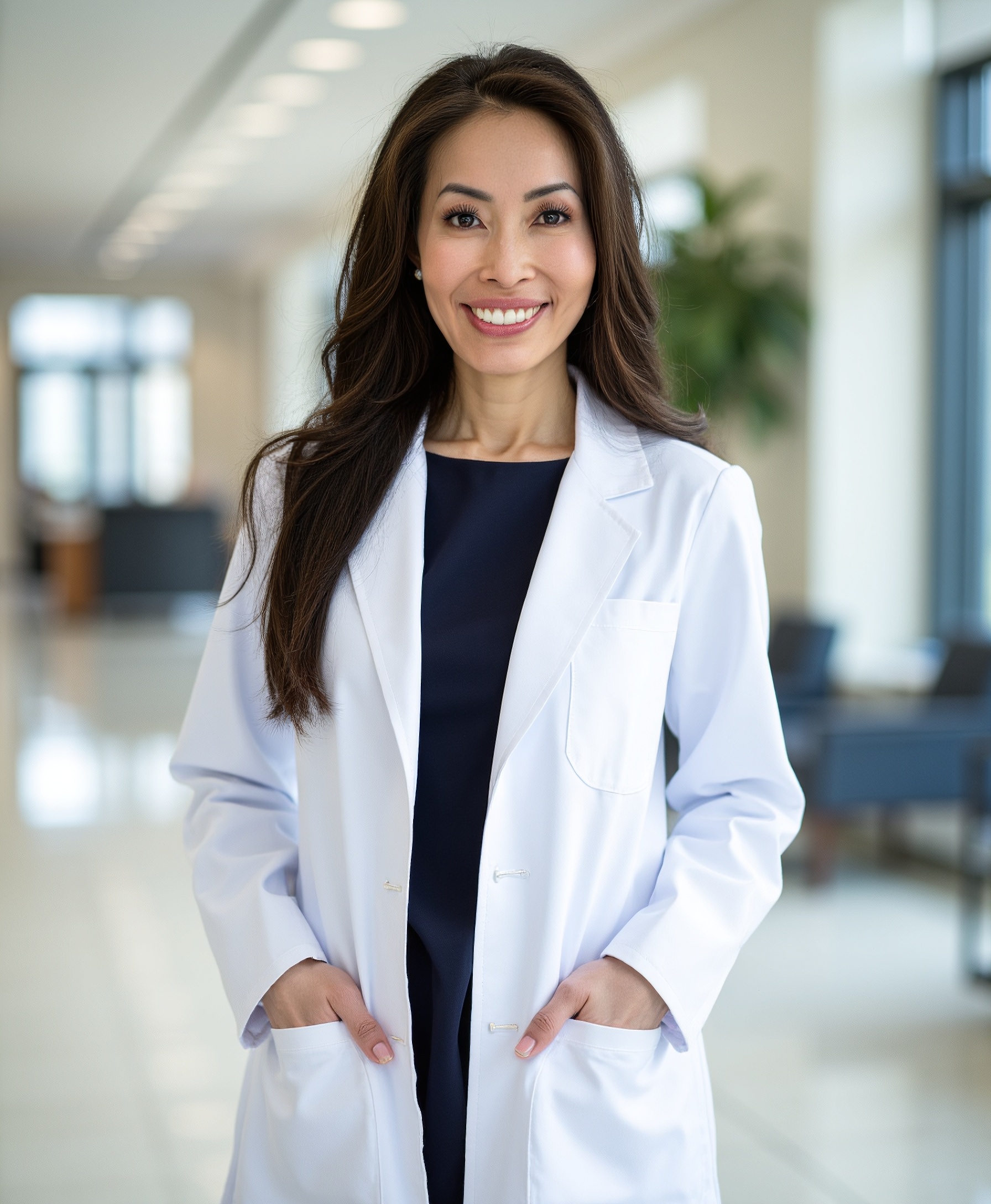 Dr. Agnes Chang, dermatologist, in her lab coat